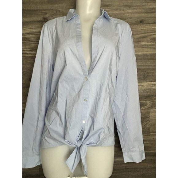 J Jill Womens L Light Blue V Neck Collared Button Up Shirt Blouse Tie Front Top - Picture 2 of 8